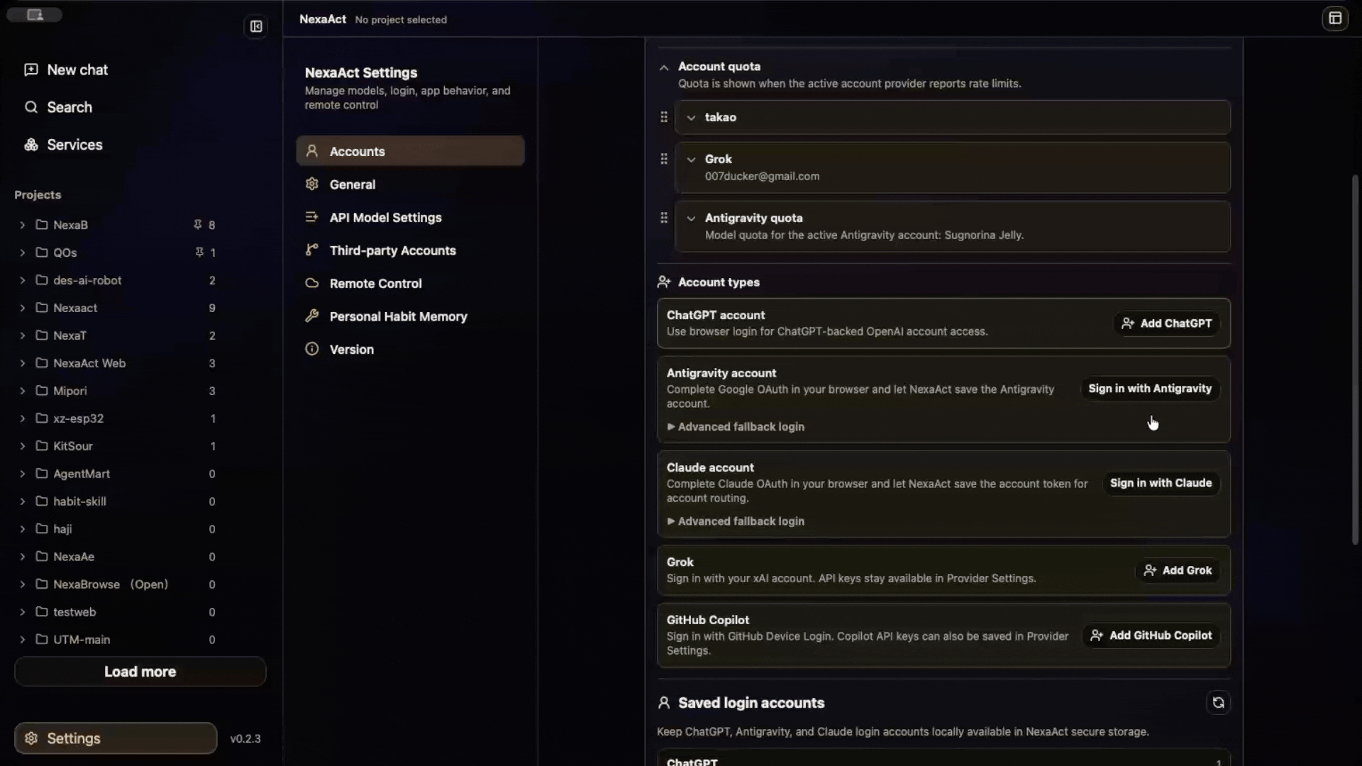NexaAct account quota settings for connected OpenAI, Grok, Antigravity, and Anthropic accounts