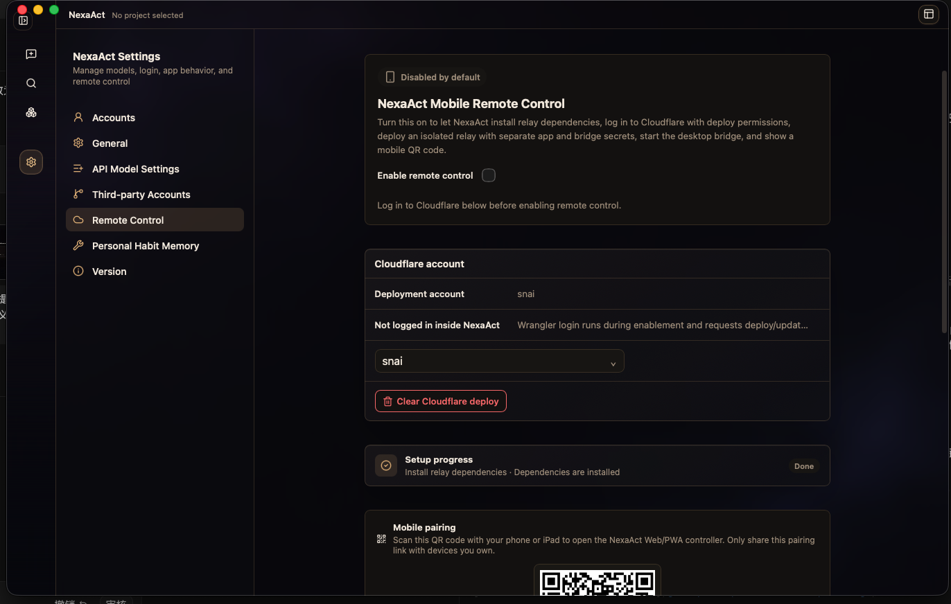 NexaAct remote control settings for Cloudflare deployment