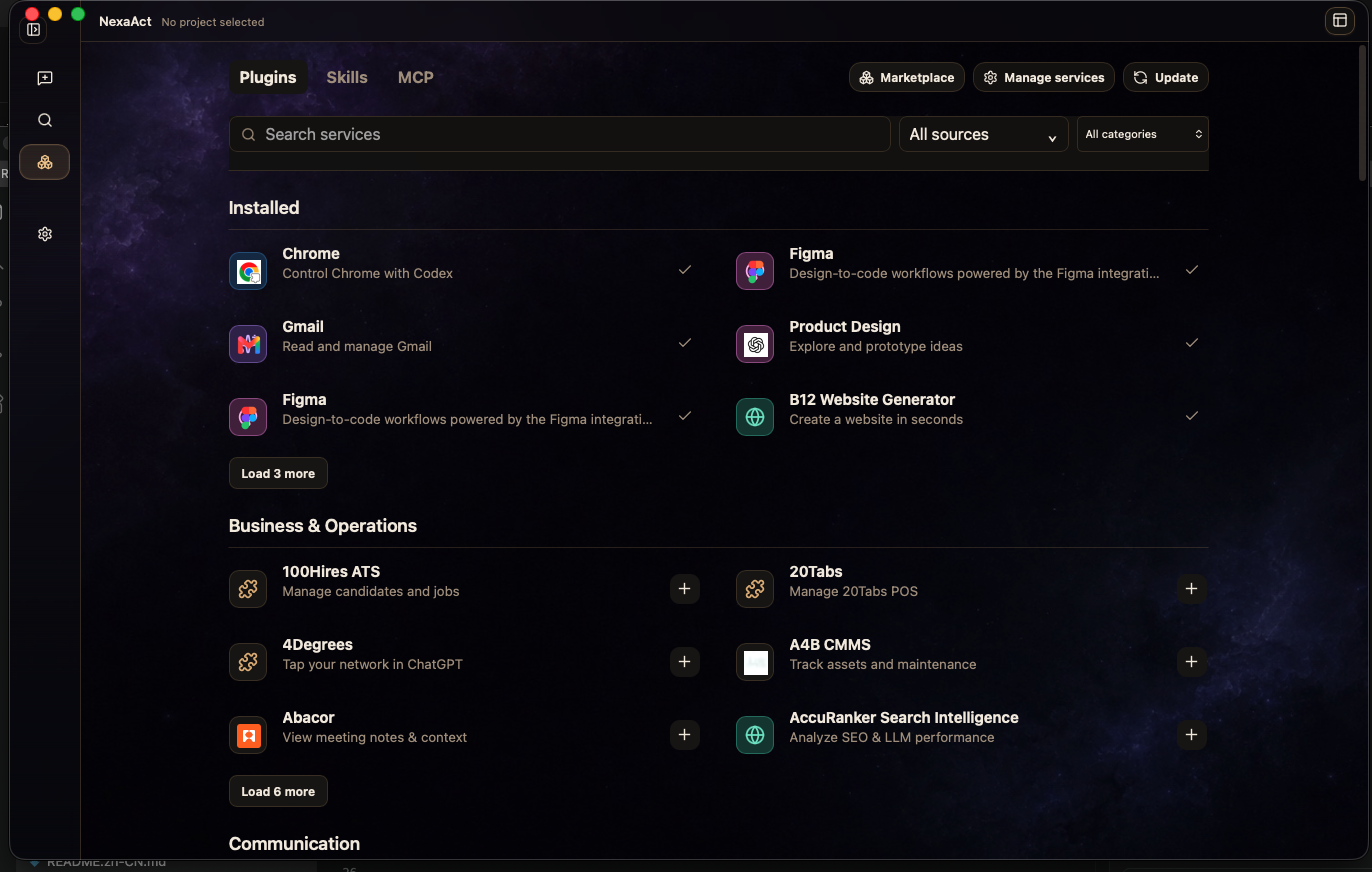NexaAct services screen for skills, plugins, and MCP resources