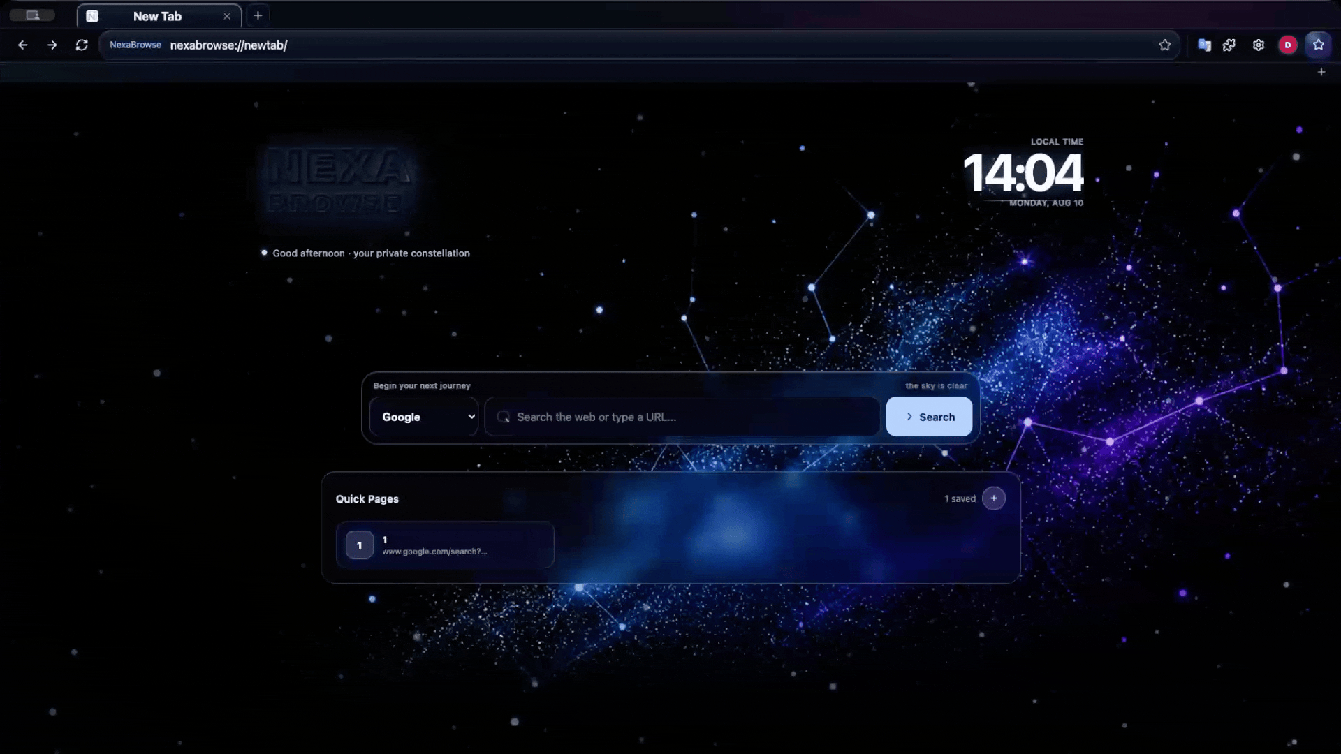 NexaBrowse new tab and agent browser interface