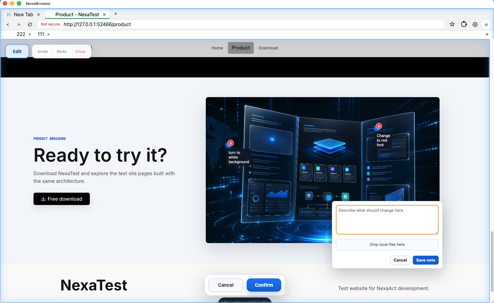 NexaBrowse image replacement editor in a local website preview