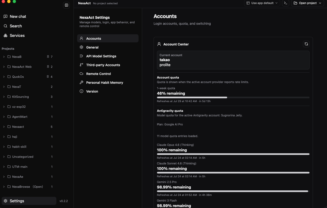 NexaAct Accounts settings showing ChatGPT account quota and Antigravity model quota
