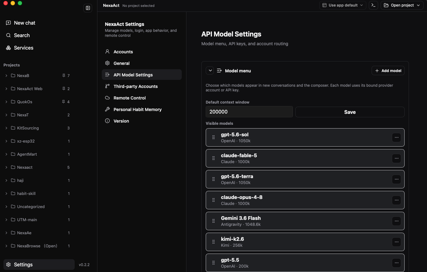 NexaAct API model settings preview