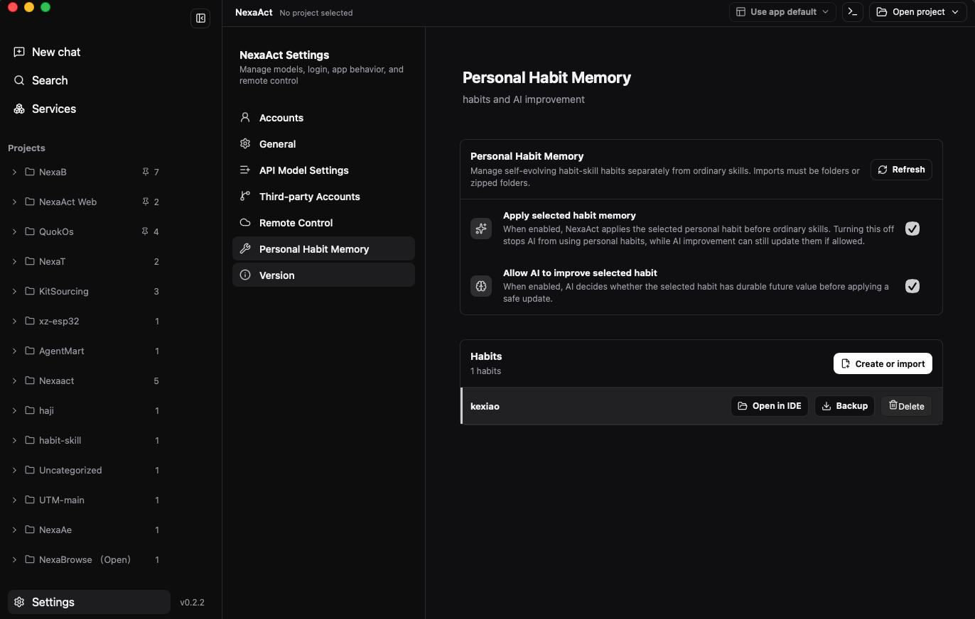 NexaAct Personal Habit Memory settings showing self-evolving habit controls