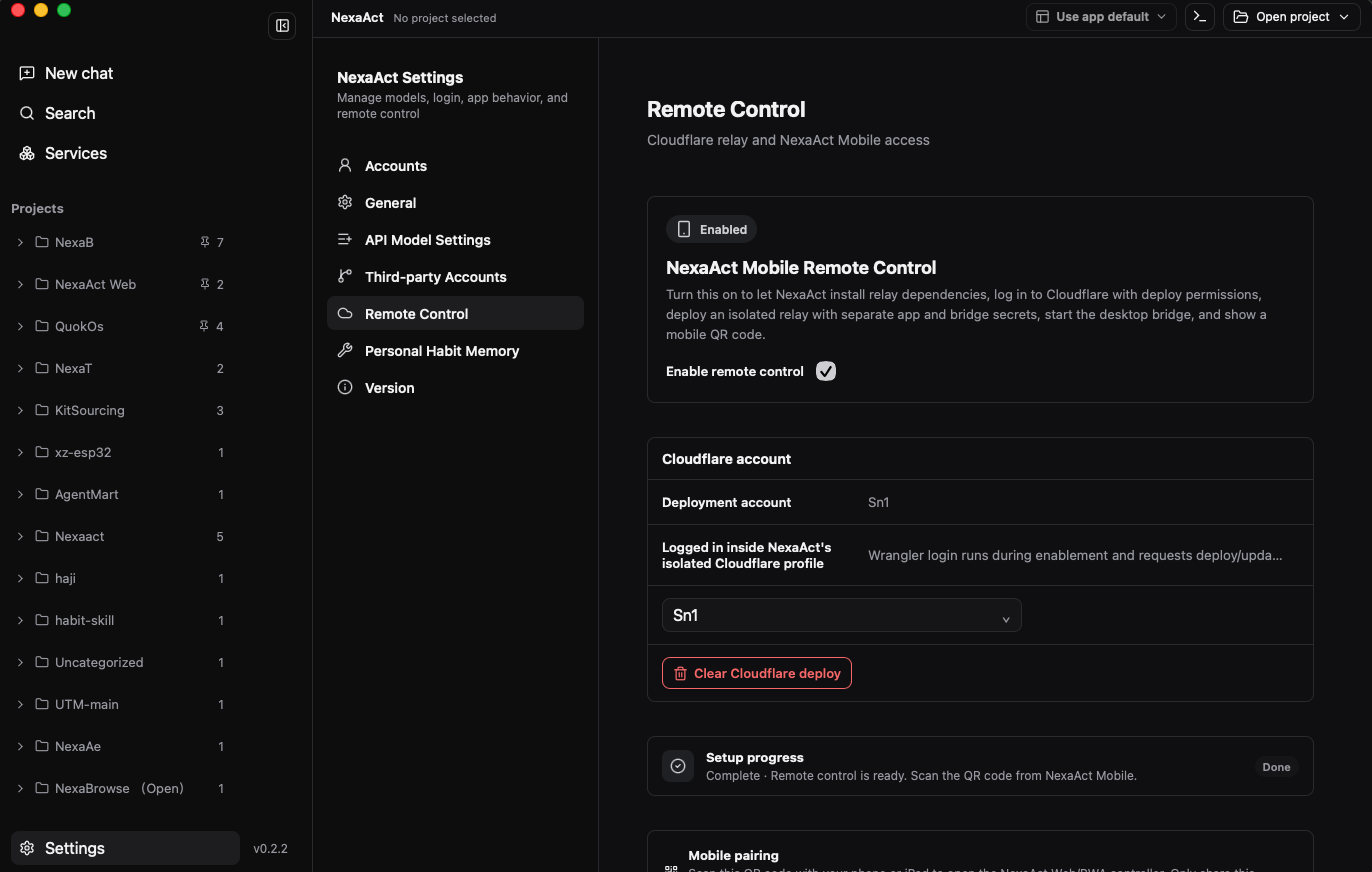NexaAct Remote Control settings preview