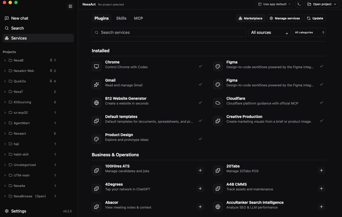 NexaAct Services screen showing skills, plugins, and MCP resources