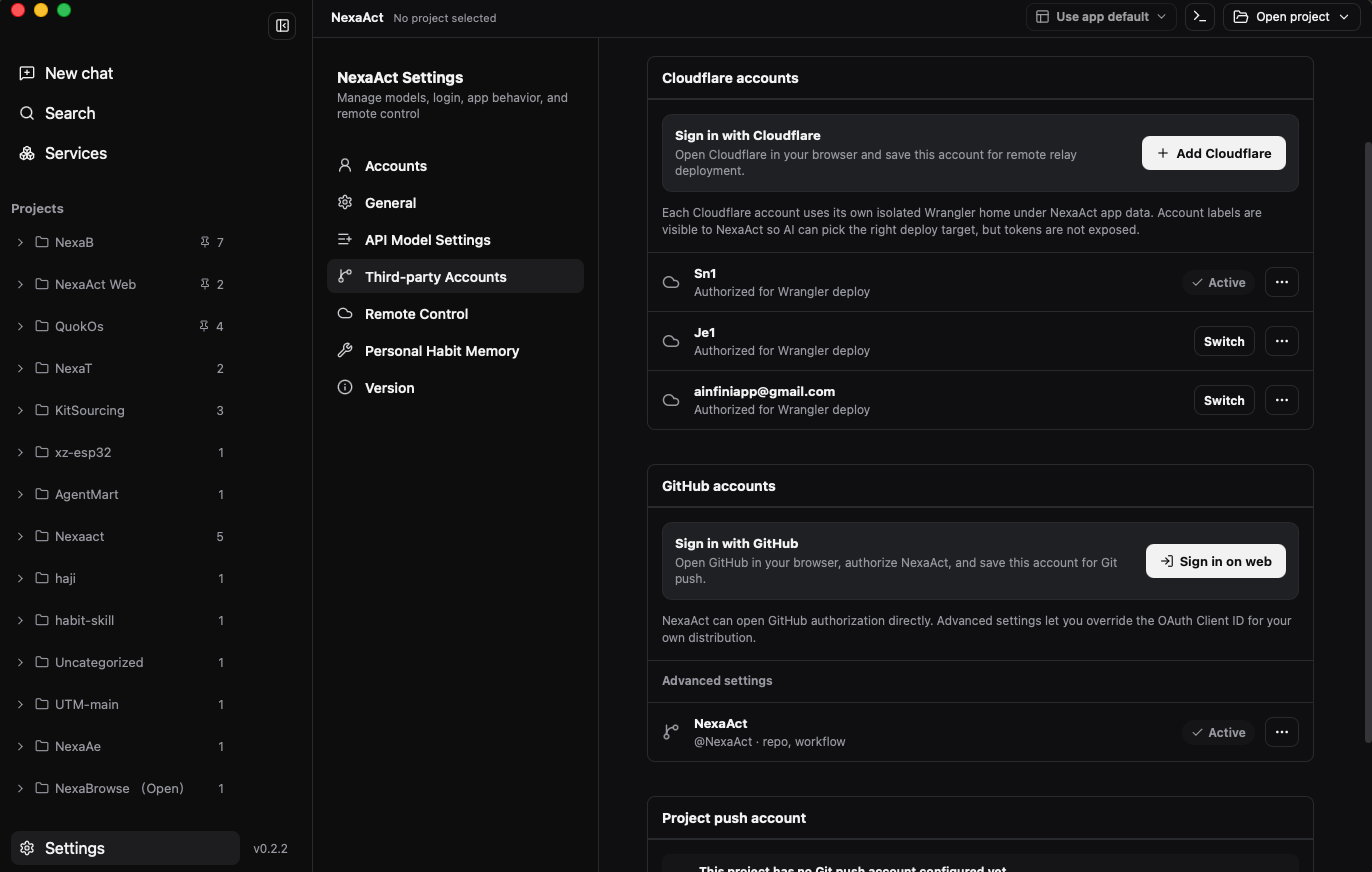 NexaAct Third-party Accounts settings showing multiple Cloudflare and GitHub account entries